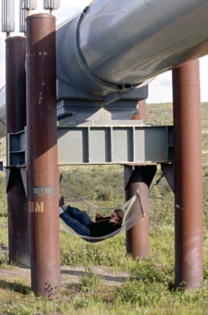 Alaska_Artic Inn proprietor takes a break underneath Alaska Pipeline at mile 130